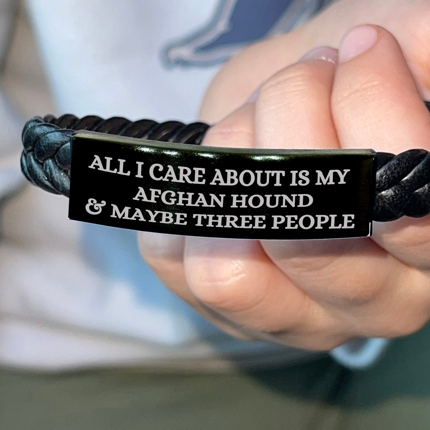 Funny Gifts for Afghan Hound Dog Lovers 'All I Care About Is My Afghan Hound And Maybe Three People' - Engraved Stainless Steel Interlaced Leather Bracelet Birthday, Christmas Gift - Mallard Moon Gift Shop