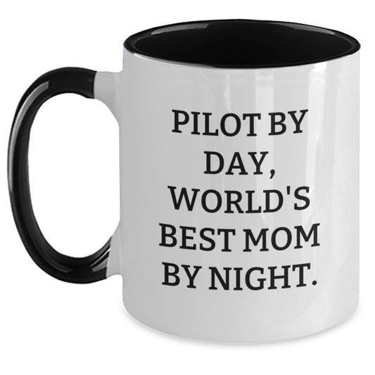 Funny Pilot Gifts from Mom - Pilot By Day, World's Best Mom By Night Two Tone Coffee Mug for Graduation - Main