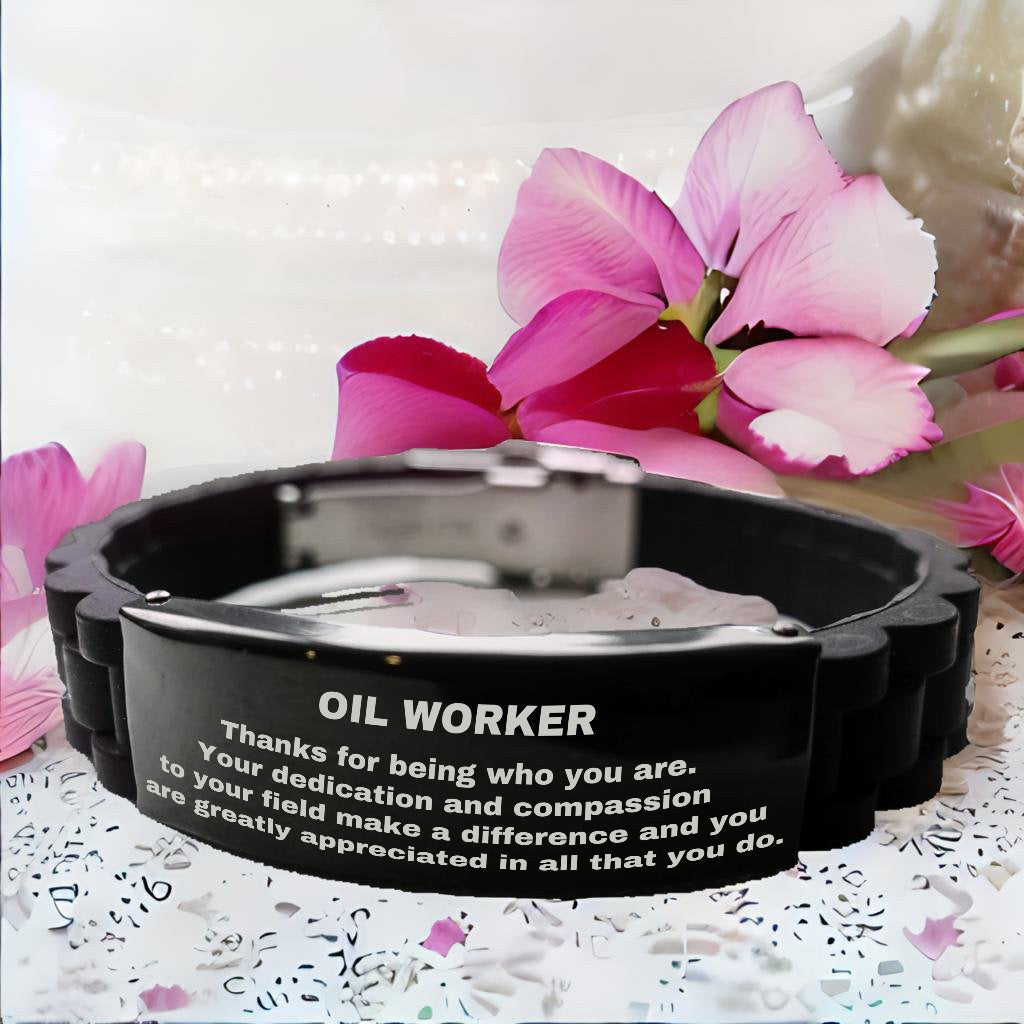 Oil Worker Glidelock Bracelet – Engraved Black Stainless Steel and Silicone Wristband Gift for Oil Workers – Appreciation Gift for Him or Her - Mallard Moon Gift Shop