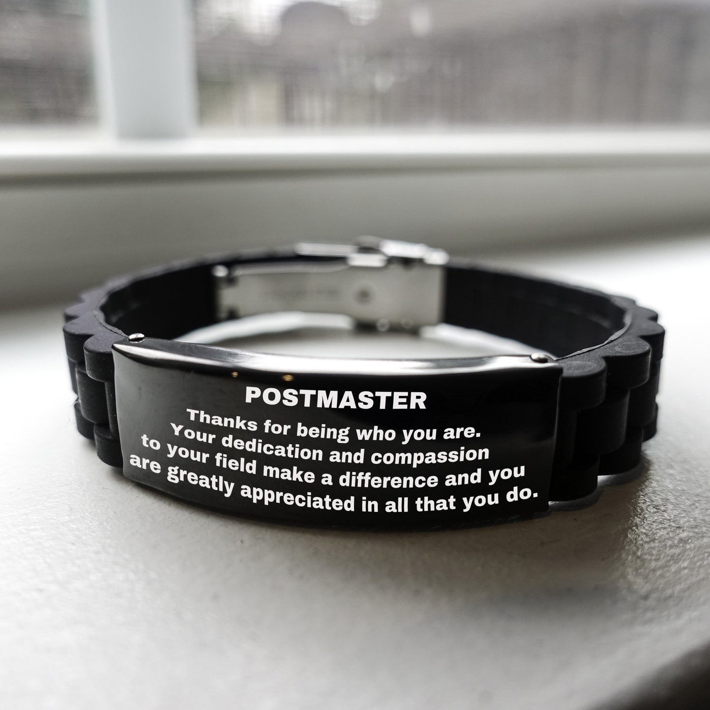 Postmaster Glidelock Bracelet – Engraved Black Stainless Steel and Silicone Wristband Gift for Postmasters – Appreciation Gift for Him or Her - Mallard Moon Gift Shop