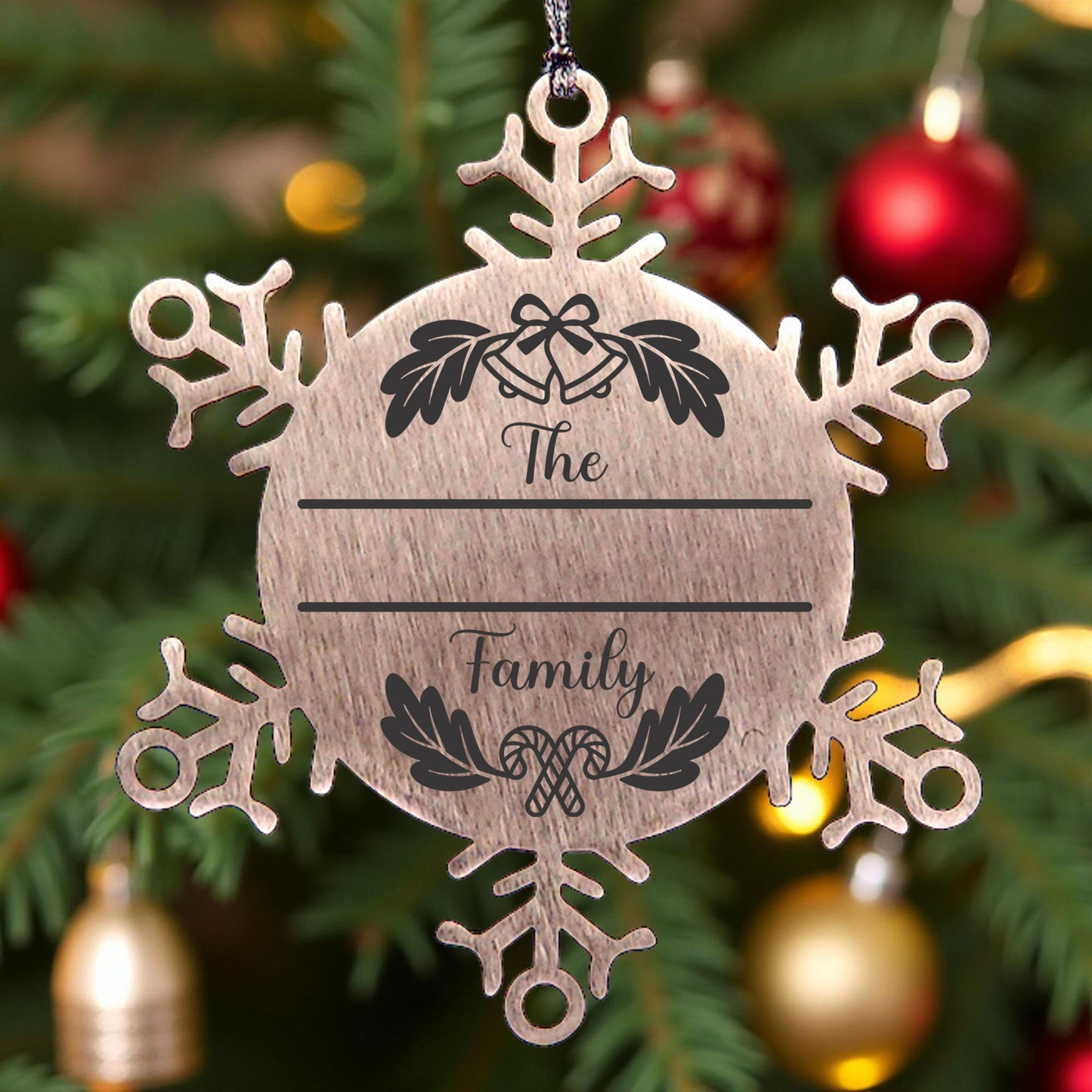 Personalized Family Name Christmas Bells Laser Engraved Stainless Steel Snowflake Tree Ornament - Mallard Moon
