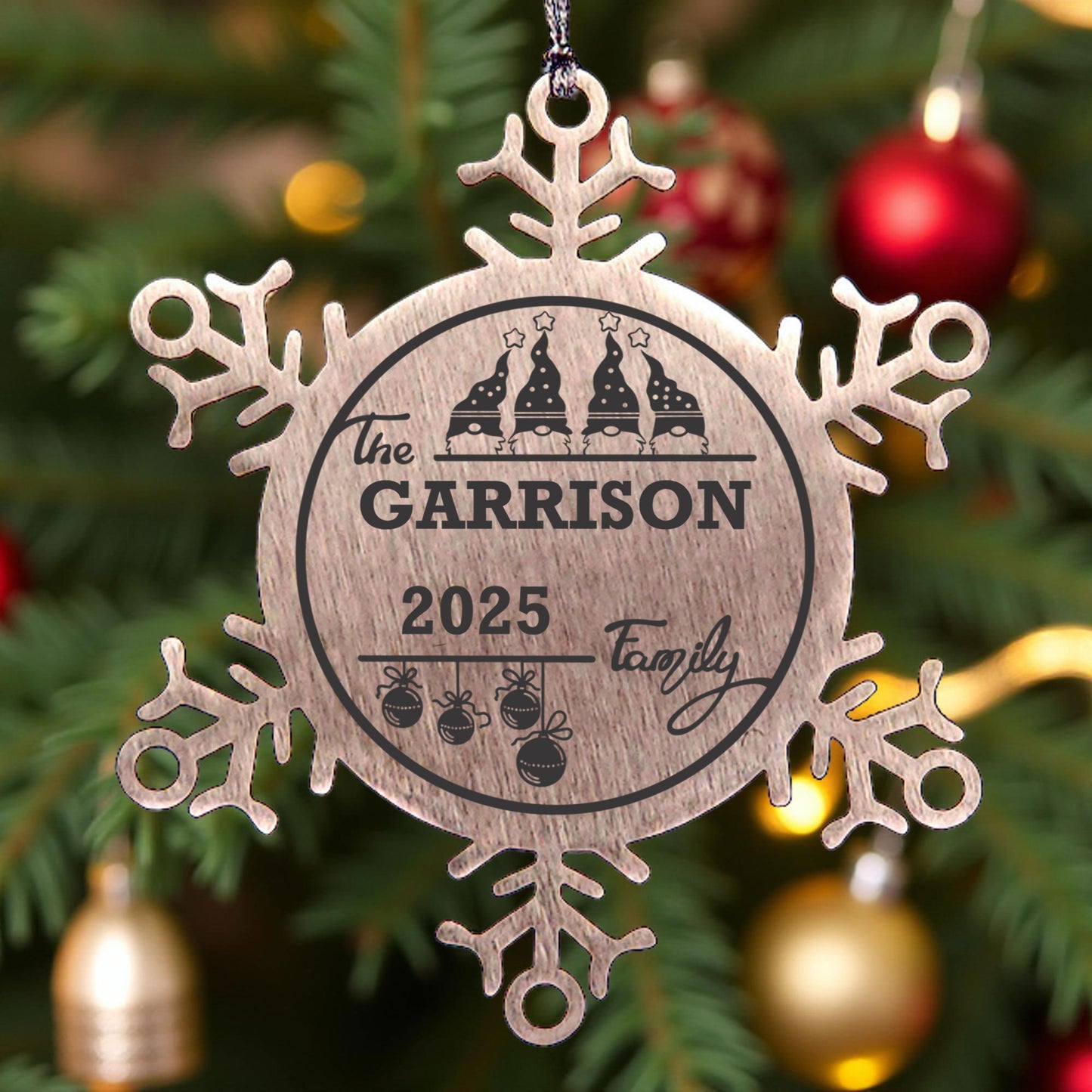 Personalized 4 Gnome Family Snowflake Ornament – Custom Stainless Steel Christmas Keepsake with Gift Bag – Engraved Names & Dates Holiday Decor for Family or Friends - Mallard Moon