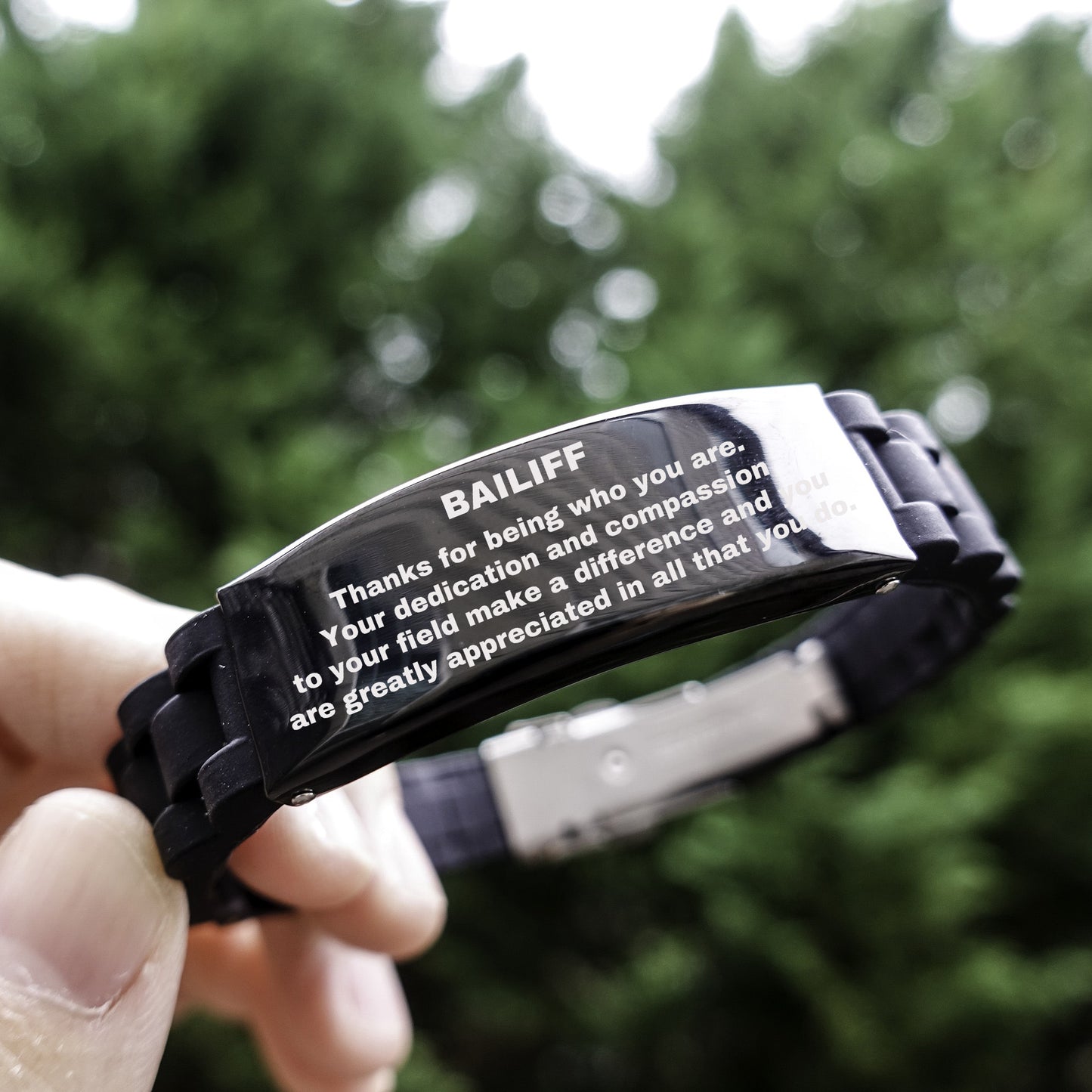 Bailiff Glidelock Bracelet – Engraved Black Stainless Steel and Silicone Wristband Gift for Court Officer – Thoughtful Present for Men or Women in Law Enforcement