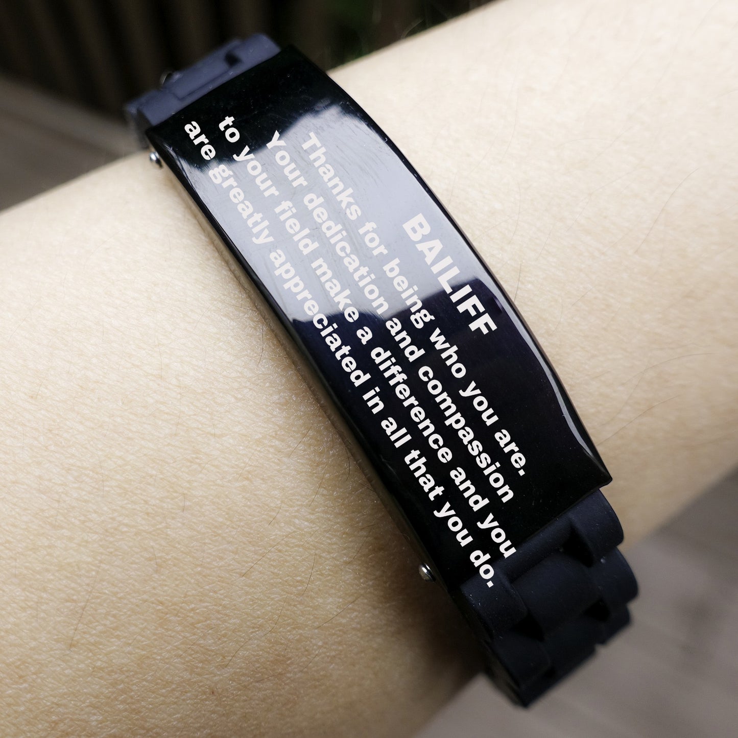 Bailiff Glidelock Bracelet – Engraved Black Stainless Steel and Silicone Wristband Gift for Court Officer – Thoughtful Present for Men or Women in Law Enforcement