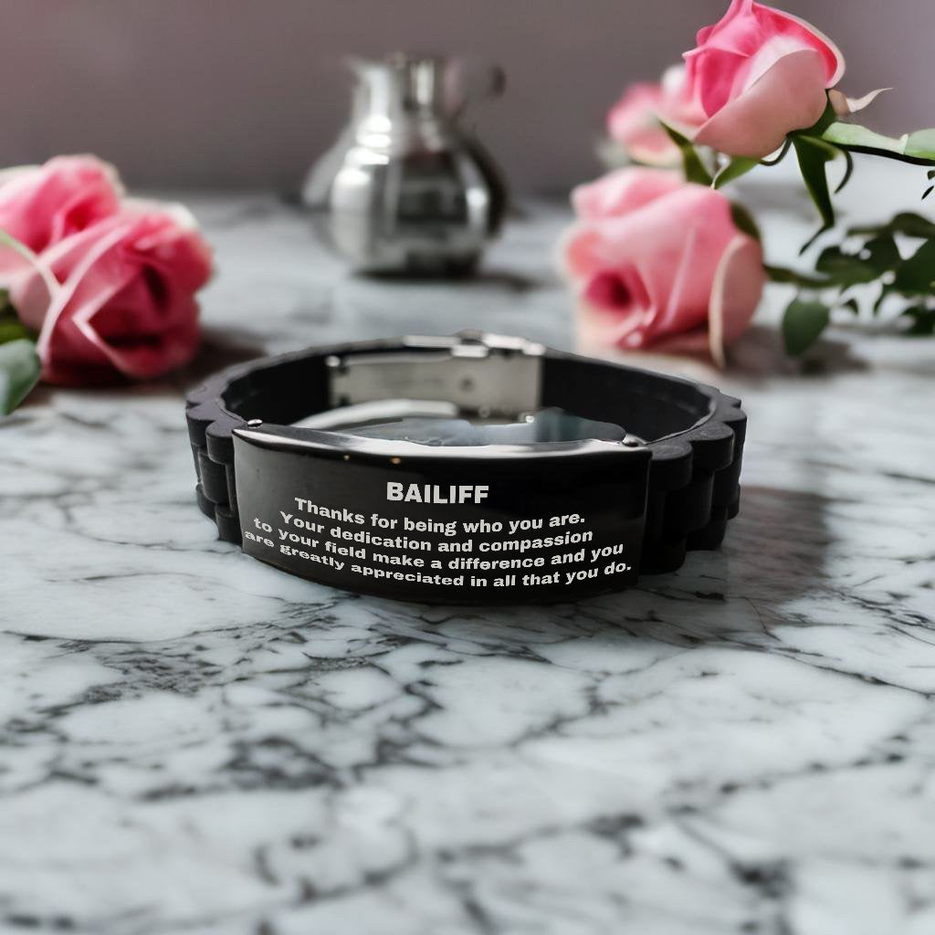 Bailiff Glidelock Bracelet – Engraved Black Stainless Steel and Silicone Wristband Gift for Court Officer – Thoughtful Present for Men or Women in Law Enforcement