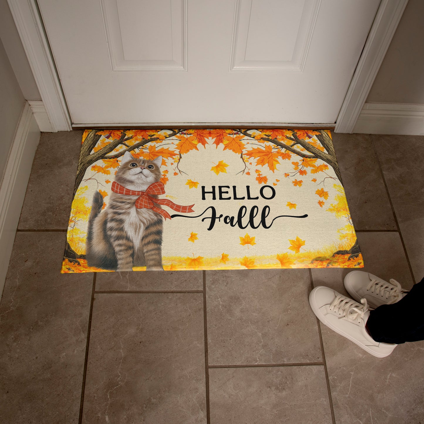 Hello Fall Cat Doormat – Fall Welcome Mat with Interchangeable Cat Designs, Autumn Leaves & Cozy Seasonal Décor for Cat Lovers and Fall Homes