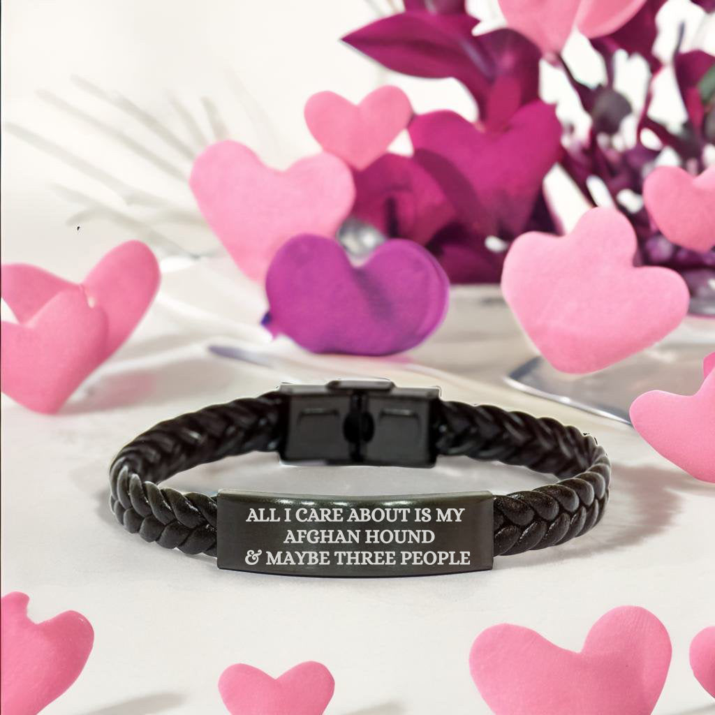 Funny Gifts for Afghan Hound Dog Lovers 'All I Care About Is My Afghan Hound And Maybe Three People' - Engraved Stainless Steel Interlaced Leather Bracelet Birthday, Christmas Gift - Mallard Moon Gift Shop
