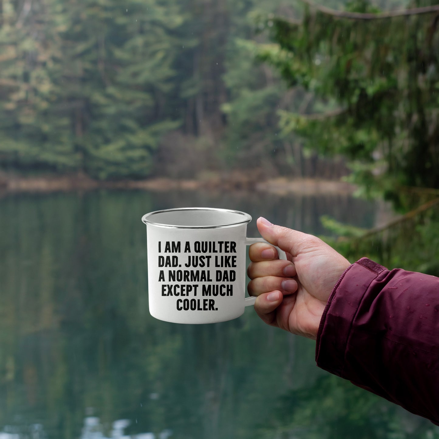 Spring Pet Products Quilter Dad Enamel Camper Mug – Funny Gift for Sewing Dads – “Much Cooler Dad” Quote - Mallard Moon Gift Shop