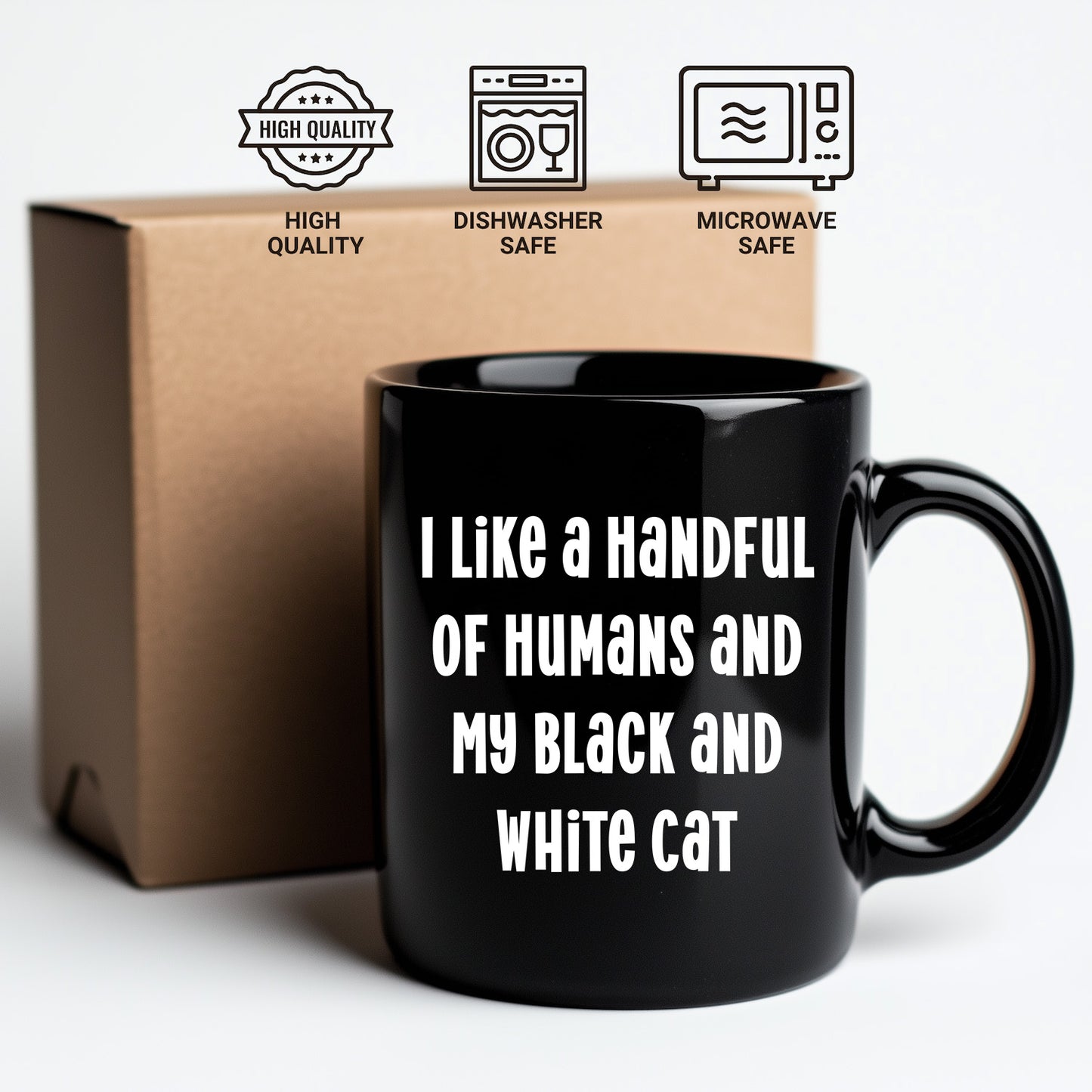 I Like a Handful of Humans and My Black and White Cat Mug – Funny Cat Lover Gift – Black Ceramic Coffee Cup - Mallard Moon