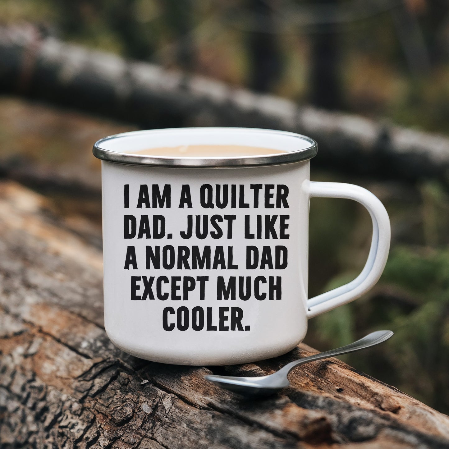 Spring Pet Products Quilter Dad Enamel Camper Mug – Funny Gift for Sewing Dads – “Much Cooler Dad” Quote - Mallard Moon Gift Shop