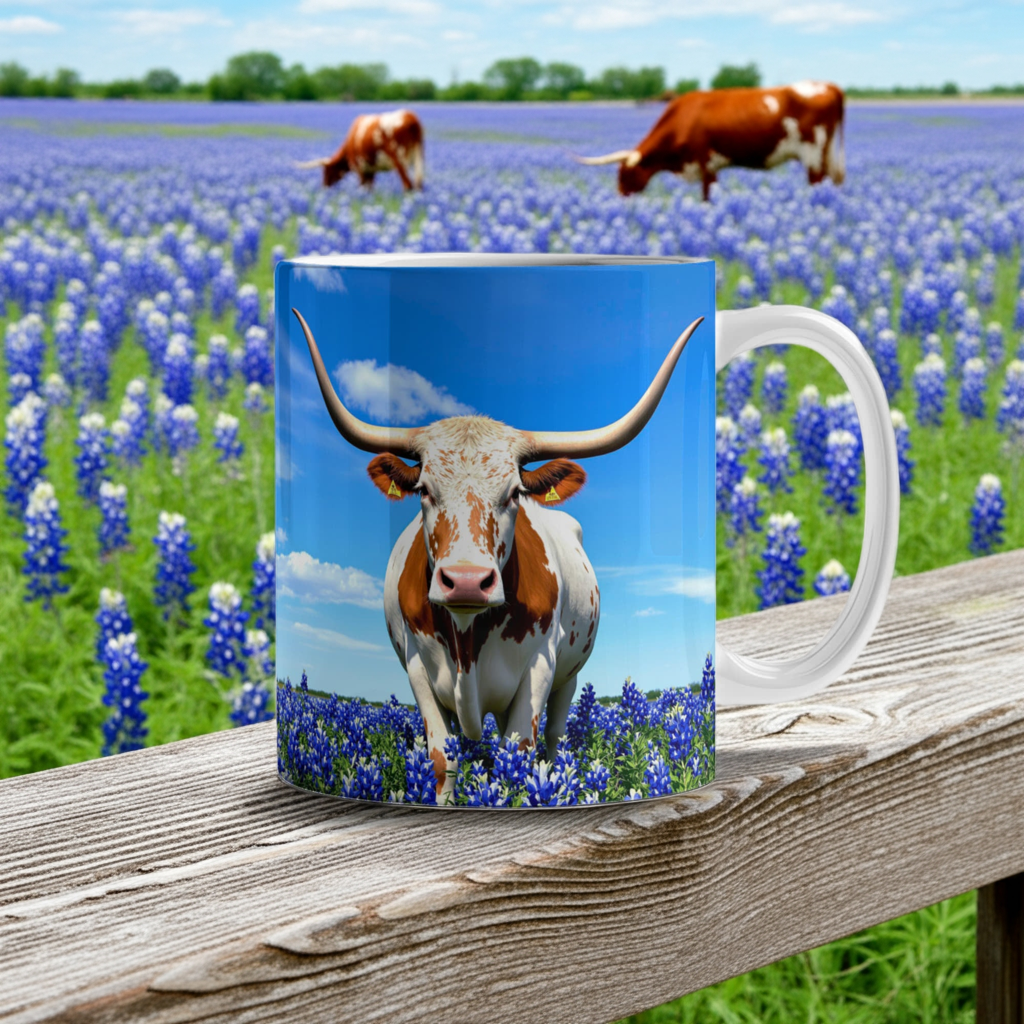 Texas Longhorn in Bluebonnet Field Ceramic Mug – 11oz & 15oz Coffee Cup - Western, Ranch, and Texan Pride - Mallard Moon Gift Shop