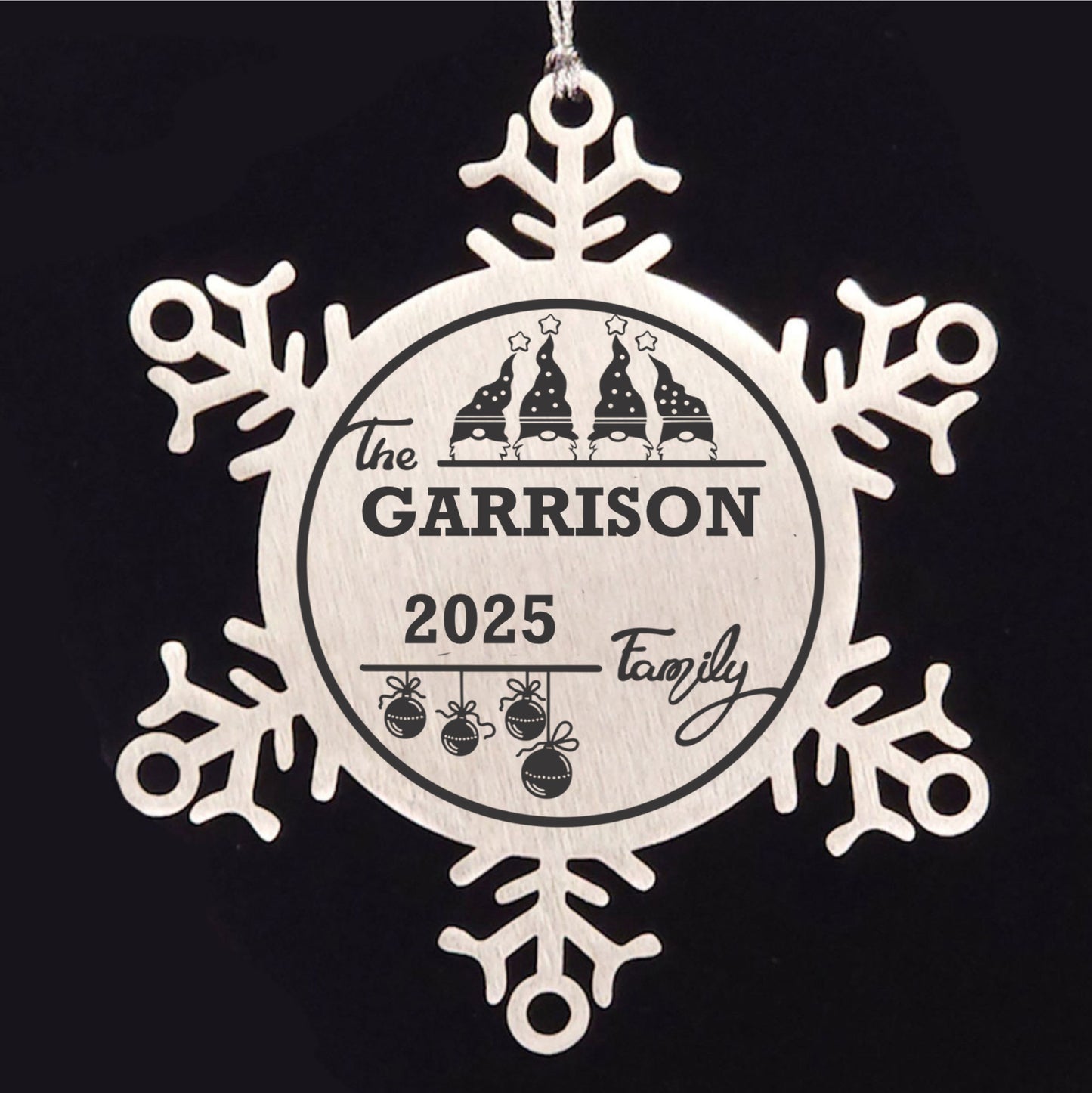 Personalized 4 Gnome Family Snowflake Ornament – Custom Stainless Steel Christmas Keepsake with Gift Bag – Engraved Names & Dates Holiday Decor for Family or Friends - Mallard Moon