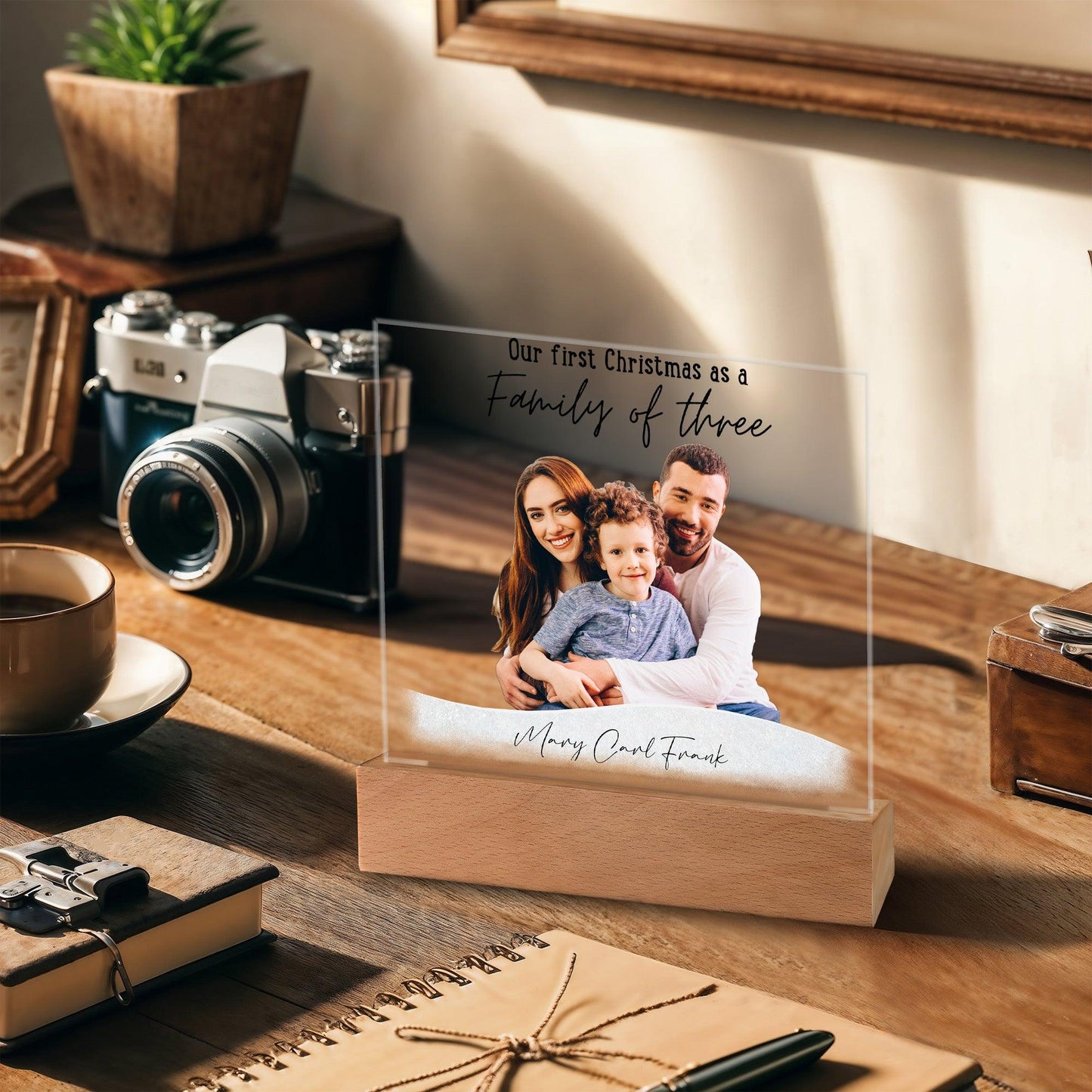 Family Personalized Photo Image Acrylic Plaque with Lighted LED Wooden Base - Mallard Moon Gift Shop