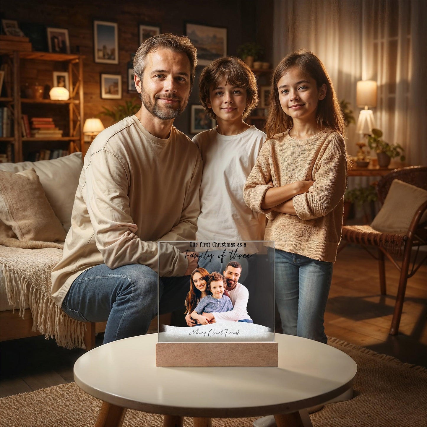Family Personalized Photo Image Acrylic Plaque with Lighted LED Wooden Base - Mallard Moon Gift Shop