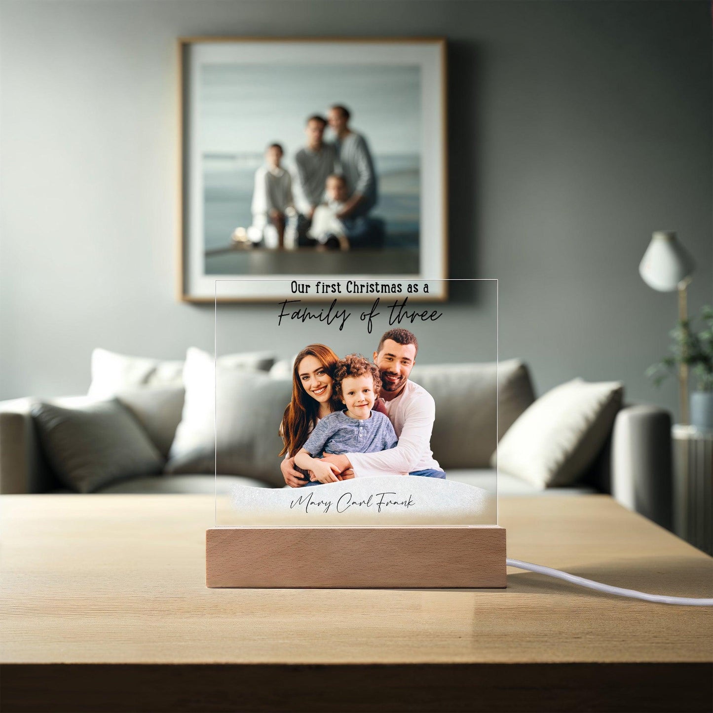 Family Personalized Photo Image Acrylic Plaque with Lighted LED Wooden Base - Mallard Moon Gift Shop