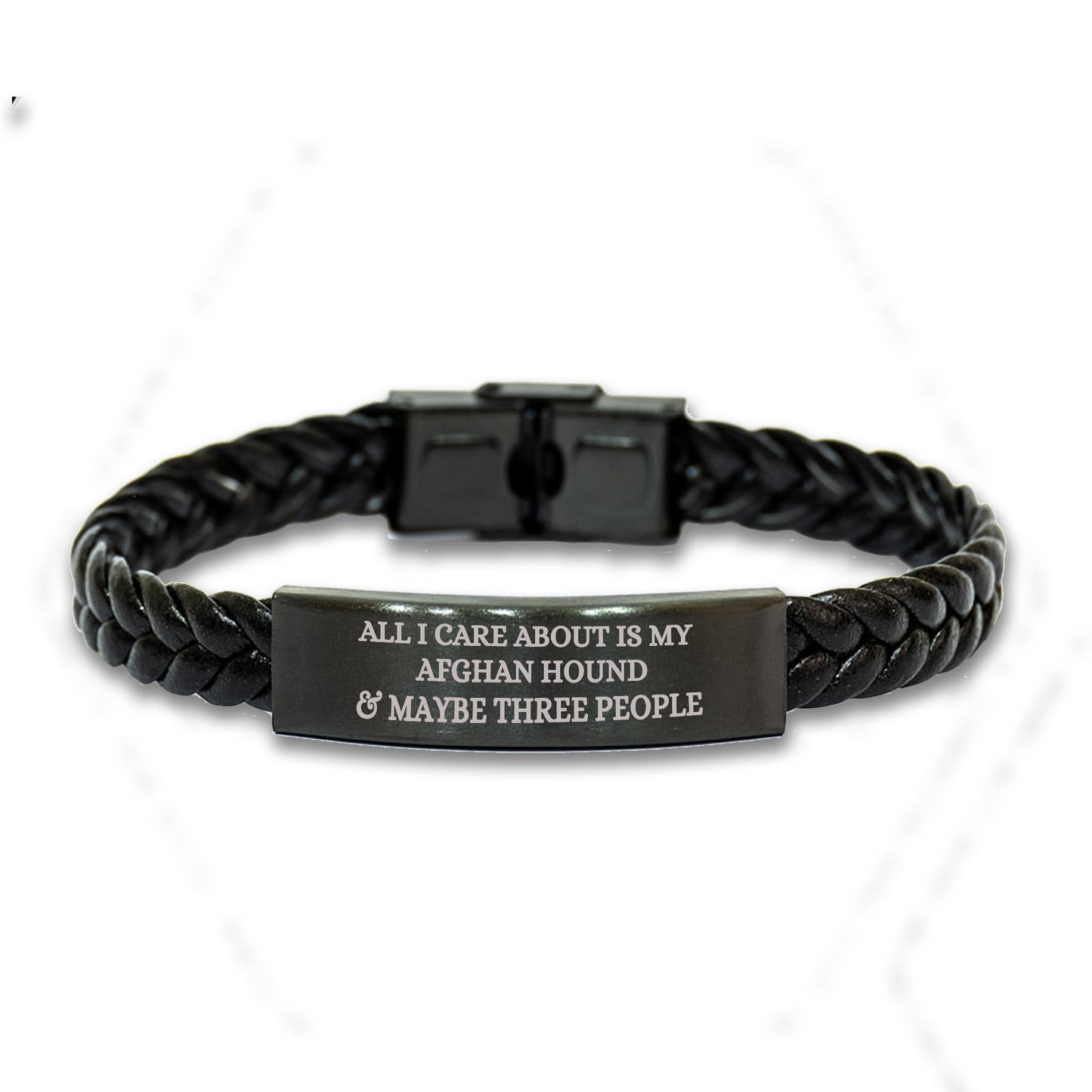 Funny Gifts for Afghan Hound Dog Lovers 'All I Care About Is My Afghan Hound And Maybe Three People' - Engraved Stainless Steel Interlaced Leather Bracelet Birthday, Christmas Gift - Mallard Moon Gift Shop