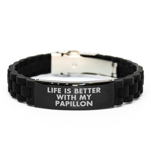Papillon Dog Lovers Gift, Funny Inspirational Quote Life Is Better With My Papillon Glide lock Clasp Black Stainless Steel Silicone Adjustable Bracelet, Mother's Day Unique Gifts for Dog Owners - Mallard Moon Gift Shop