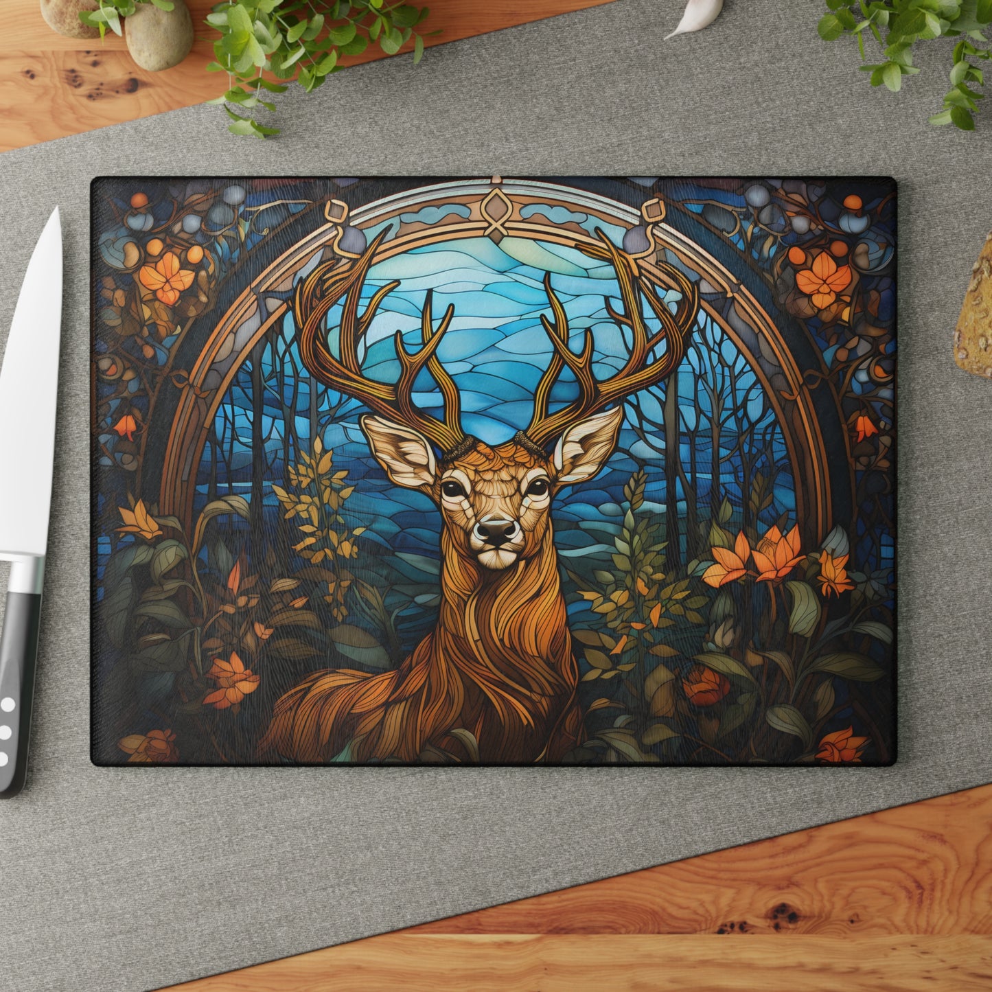 Glass Cutting Board - Stained Glass Stag Design