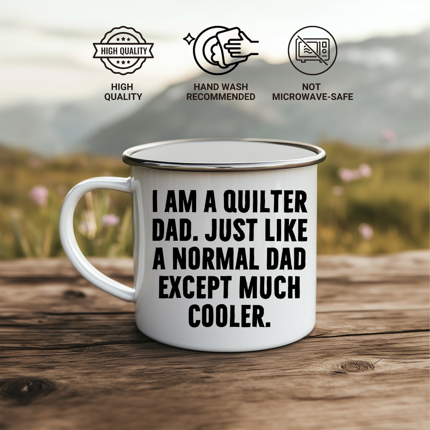 Spring Pet Products Quilter Dad Enamel Camper Mug – Funny Gift for Sewing Dads – “Much Cooler Dad” Quote - Mallard Moon Gift Shop