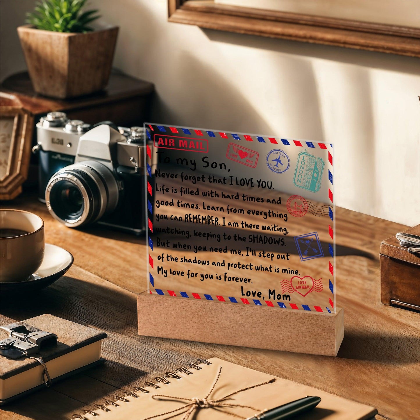 Letter To My Son, Love, Mom Acrylic Square Plaque with LED Wooden Base - Mallard Moon Gift Shop