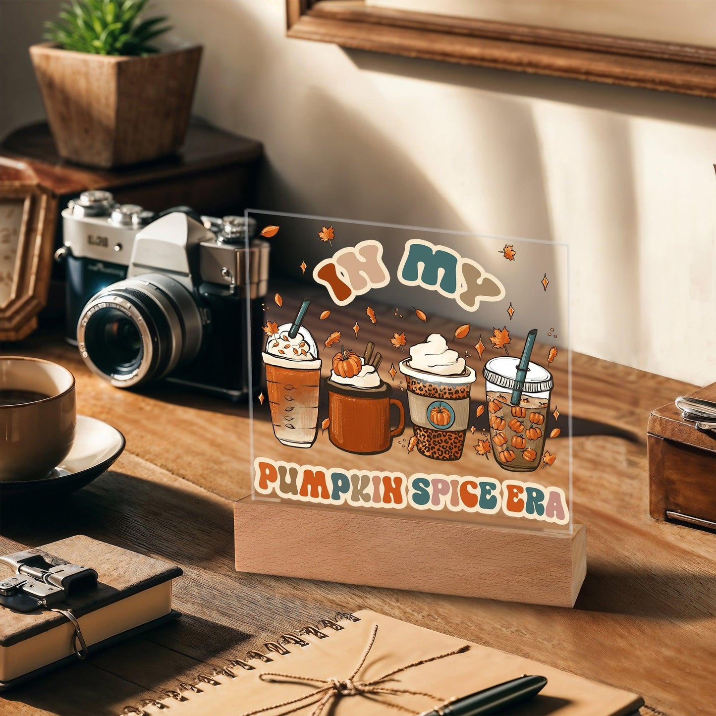 Pumpkin Spice Era Acrylic Square Plaque with LED Wooden Base - Mallard Moon Gift Shop