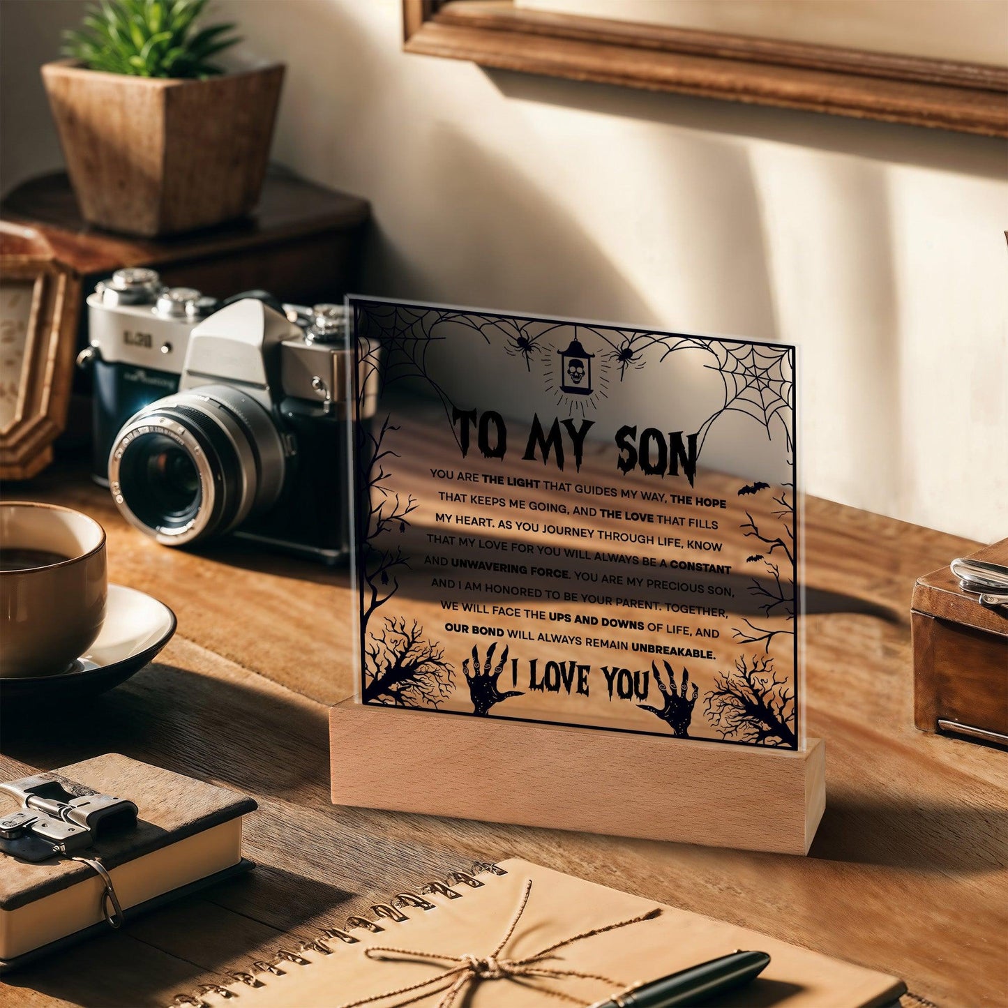 Son - Unwavering Force - Halloween Acrylic Square Plaque with LED Wooden Base - Mallard Moon Gift Shop