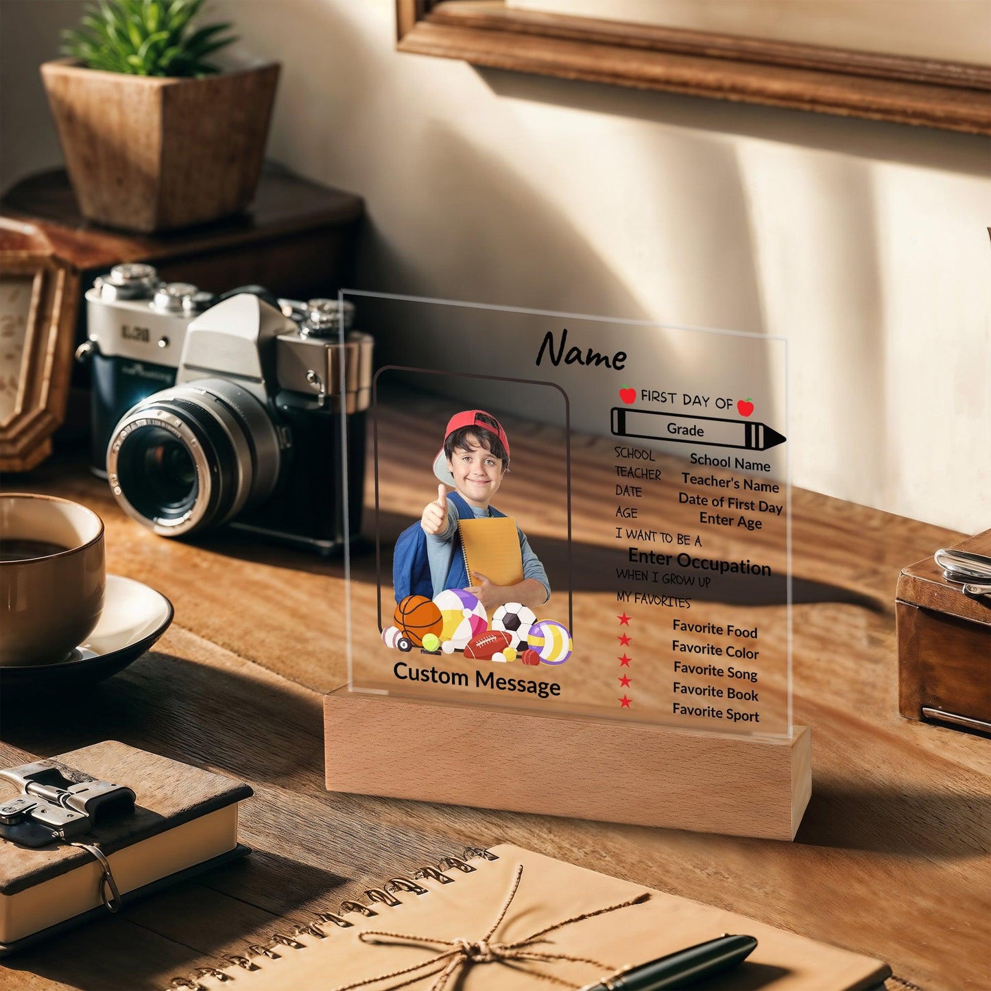 First Day of School Stats and Photo Upload Personalized Keepsake Acrylic Plaque - Mallard Moon Gift Shop
