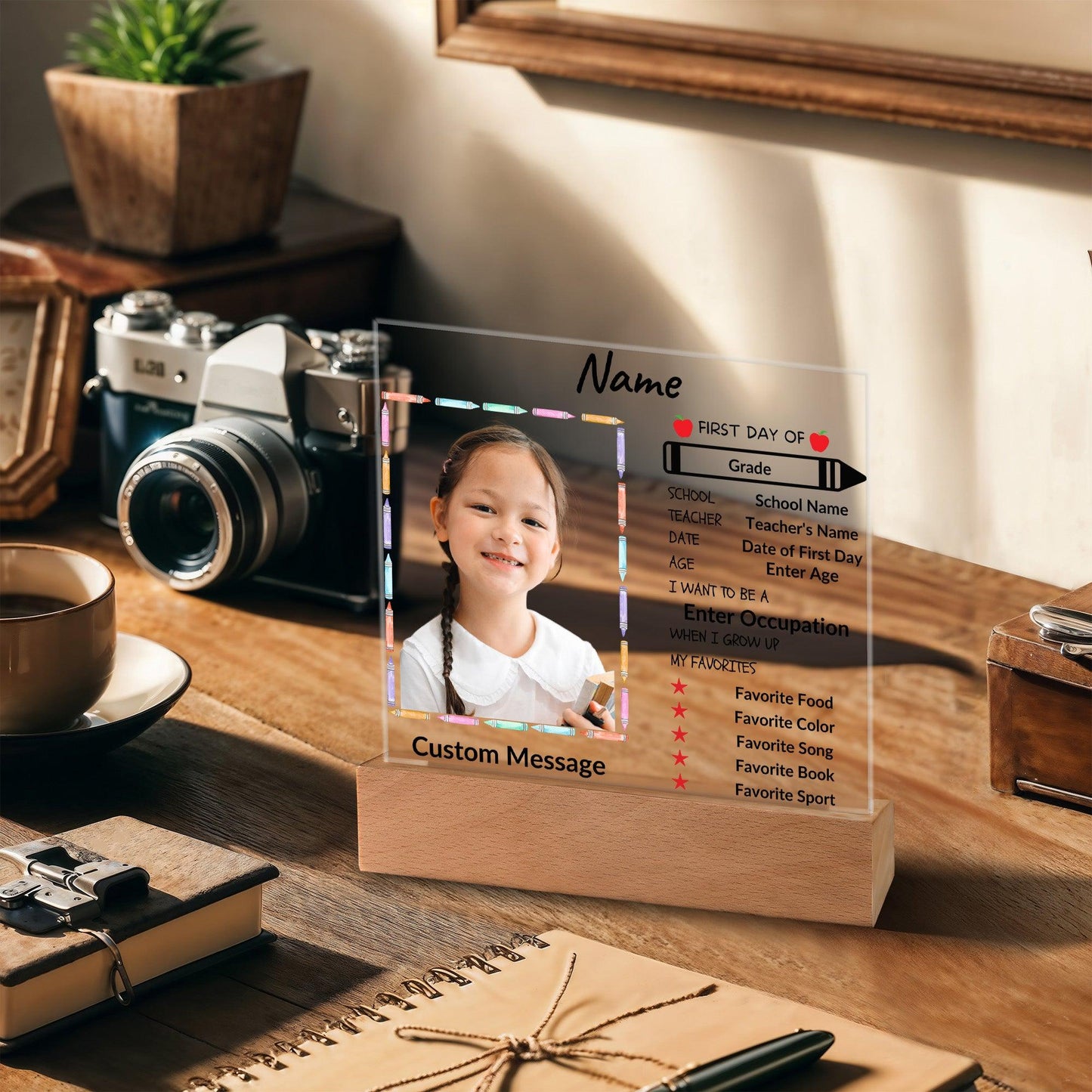 First Day of School Stats and Photo Upload Personalized Keepsake Acrylic Plaque - Mallard Moon Gift Shop