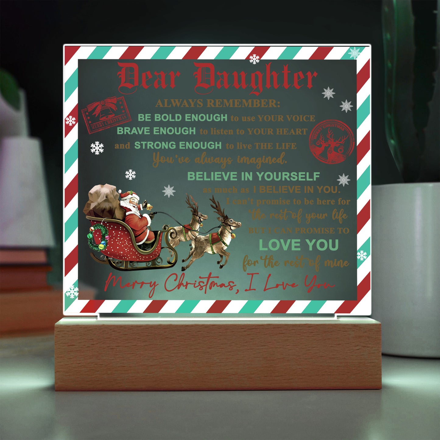 Daughter - Use Your Voice Christmas Acrylic Square Plaque with LED Wooden Base - Mallard Moon Gift Shop