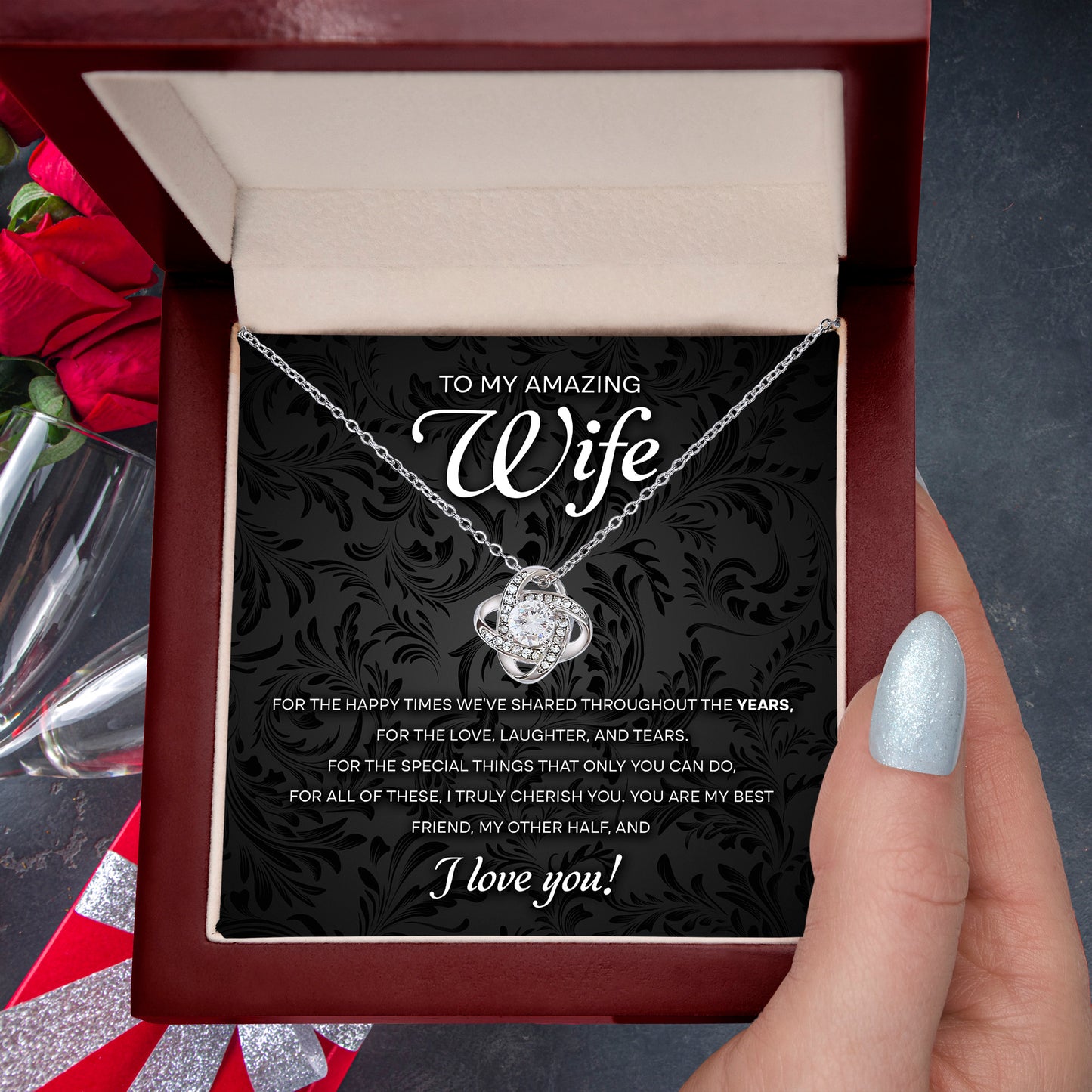 To My Amazing Wife – Romantic Love Knot Necklace with Message Card | Cherished Gift for the Happy Times We've Shared - Mallard Moon Gift Shop