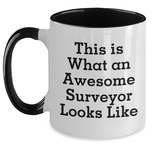 Funny Surveyor Gifts for Mom - Surveyor Inspired Two Tone Coffee Mug with 'This Is What An Awesome Surveyor Looks Like' Quote, Gifts from Mom to Surveyor, Unique Mother's Day Unique Gifts - Main