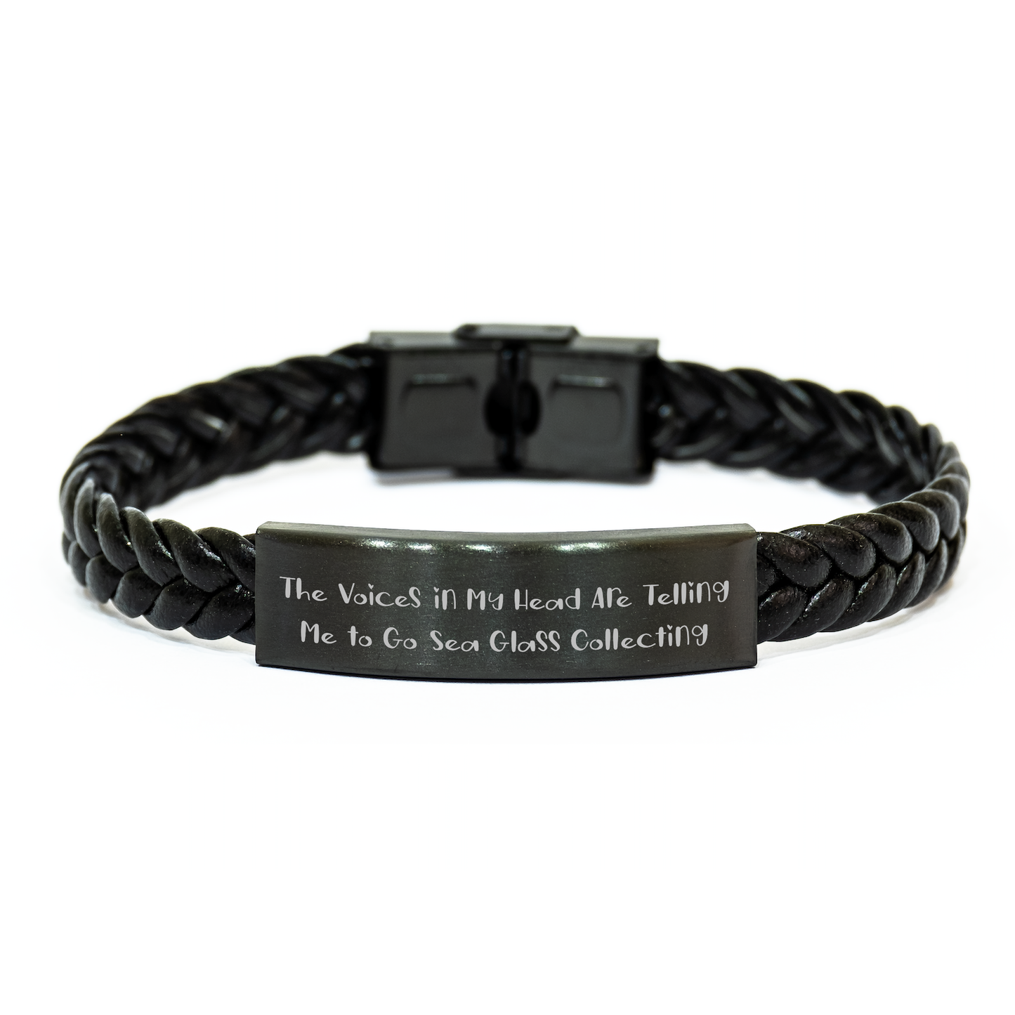 Funny Sea Glass Collecting Gifts for Men, Interlaced Leather Bracelet with Quote 'The Voices In My Head Are Telling Me To Go Sea Glass Collecting' - Gifts from Dad, Father's Day Unique Presents - Image 1