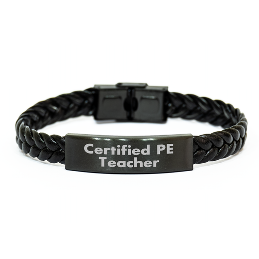 Funny PE Teacher Gifts from Friends - Interlaced Leather Bracelet for Men - Certified PE Teacher Quote - Father's Day Unique Gifts - Image 1