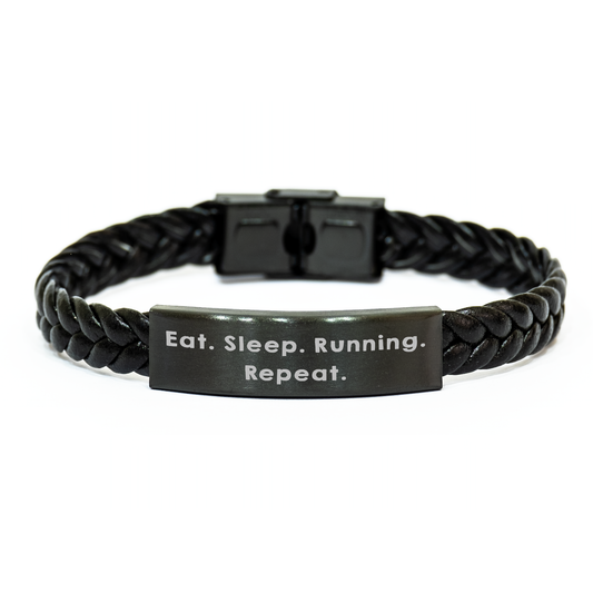 Funny Running Gifts for Men - Eat. Sleep. Running. Repeat. Interlaced Leather Bracelet, Father's Day Unique Gifts from Friends - Image 1