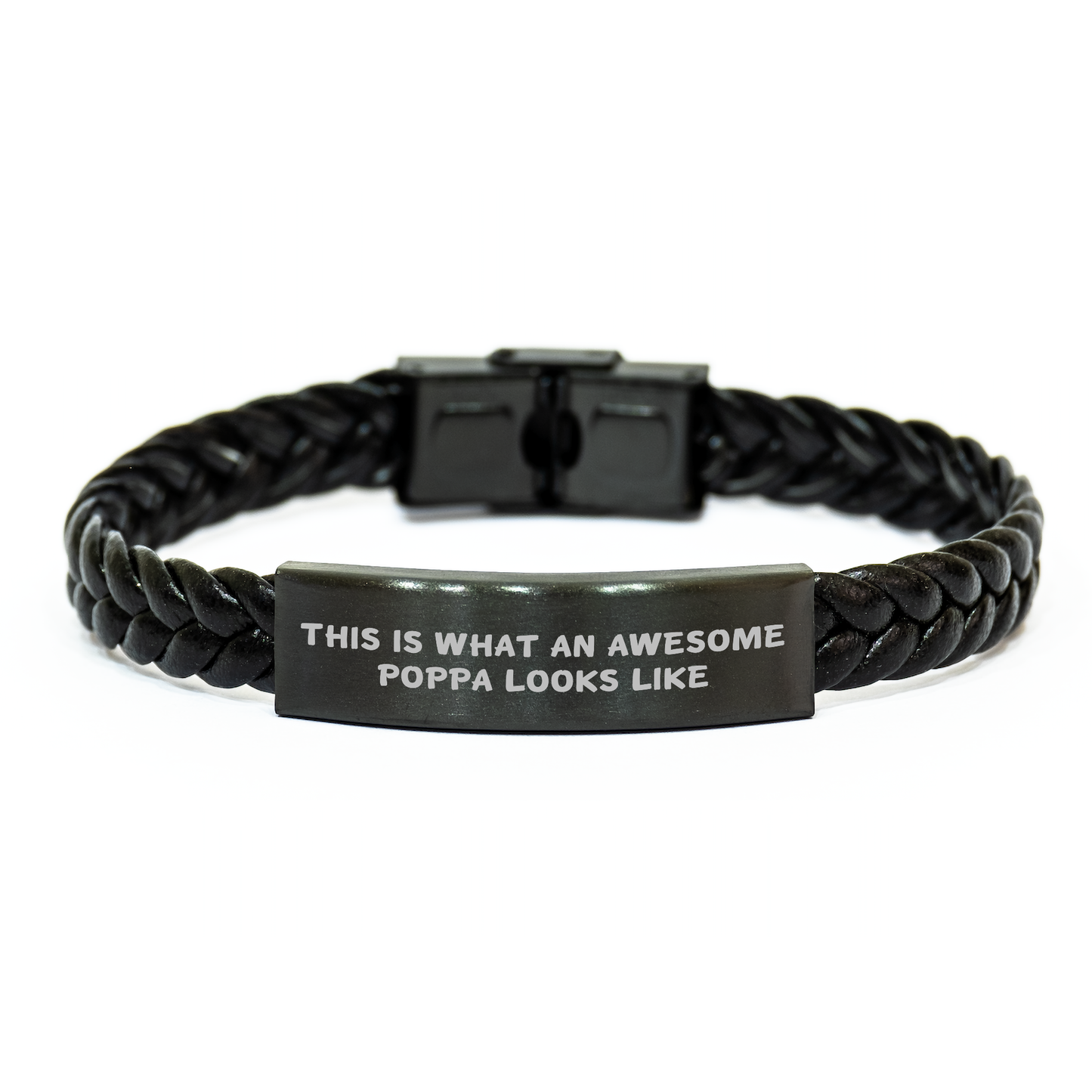 Funny Poppa Gifts from Men to Poppa - Interlaced Leather Bracelet with Quote This Is What An Awesome Poppa Looks Like, Father's Day Unique Gifts for Poppa, Unique Leather Accessories - Image 1