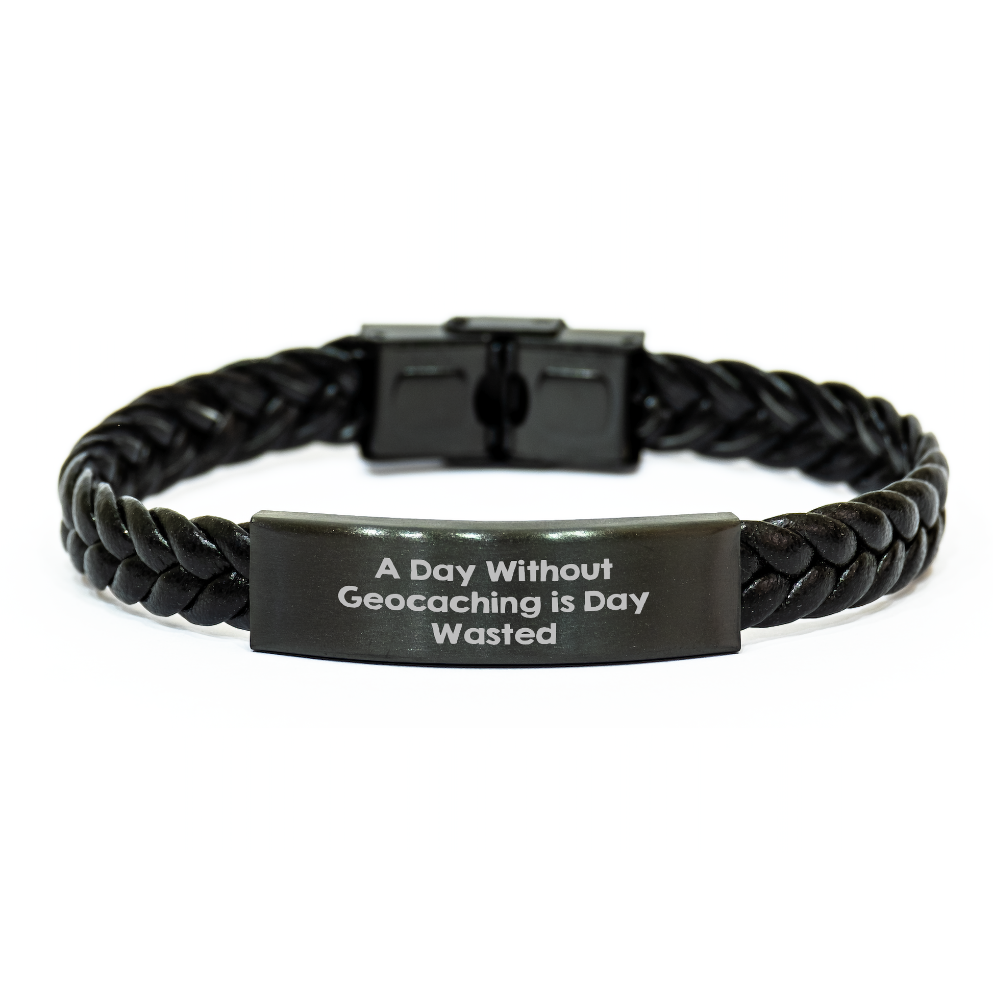 Geocaching Enthusiasts' Delight, 'A Day Without Geocaching Is Day Wasted' Quote, Interlaced Leather Bracelet for Men, Unique Father's Day Unique Gifts from Friends, Gifts for Geocaching Lovers - Image 1