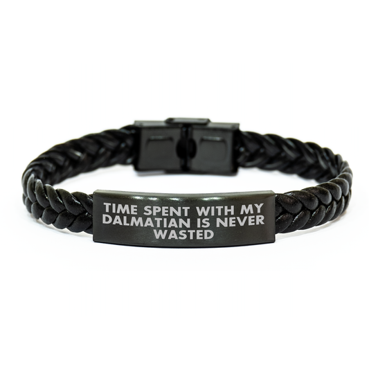 Dalmatian Dog Lovers' Interlaced Leather Bracelets, Gifts from Family for Dalmatian Dog Fathers on Father's Day, Time Spent with My Dalmatian Is Never Wasted, Funny Quote - Image 1