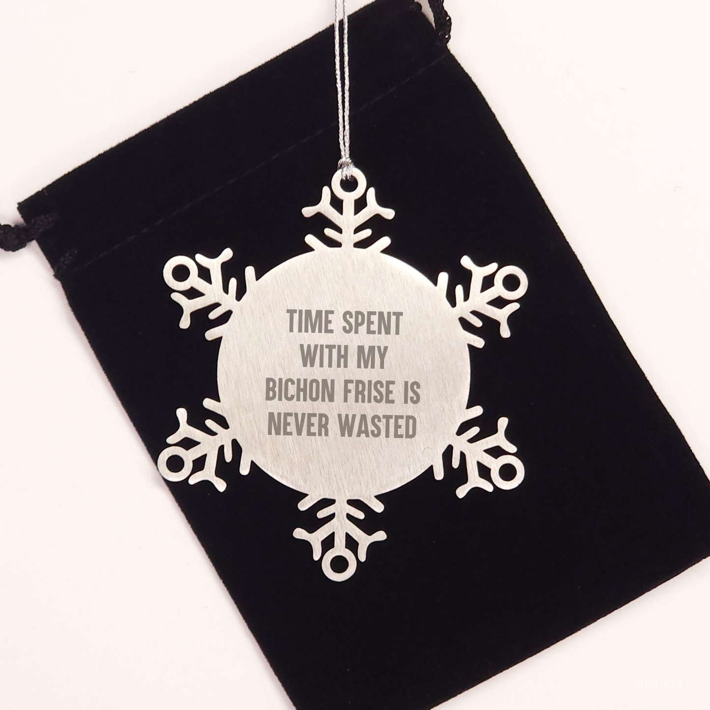 Bichon Frise Dog Lovers Christmas Unique Gifts from Friends to Family with Snowflake Ornament - Time Spent Is Never Wasted - Premium Stainless Steel Shatterproof, 3.14 Inch in Diameter - Image 2