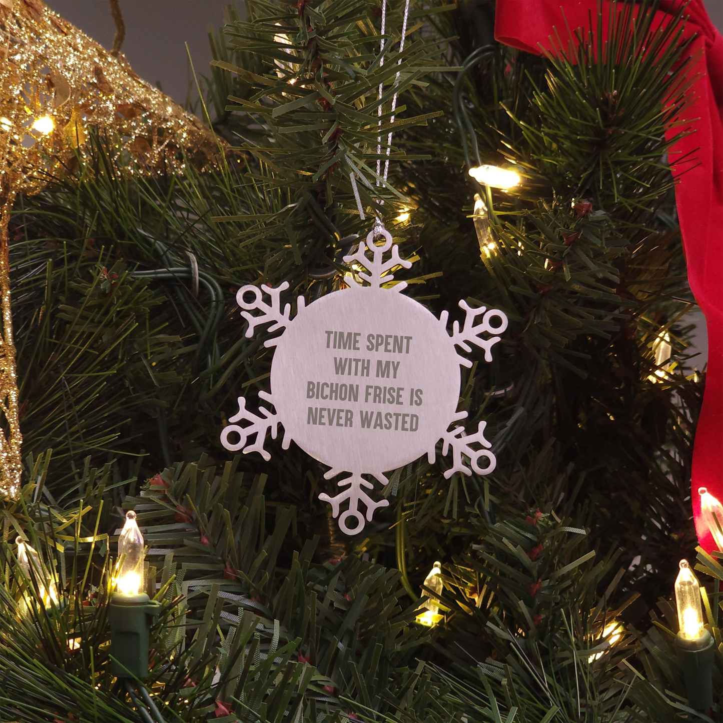 Bichon Frise Dog Lovers Christmas Unique Gifts from Friends to Family with Snowflake Ornament - Time Spent Is Never Wasted - Premium Stainless Steel Shatterproof, 3.14 Inch in Diameter - Image 3