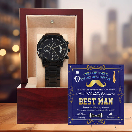 Best Man Wedding Day Gift World's Greatest Best Man - Black Chronograph Watch - Mallard Moon Gift Shop