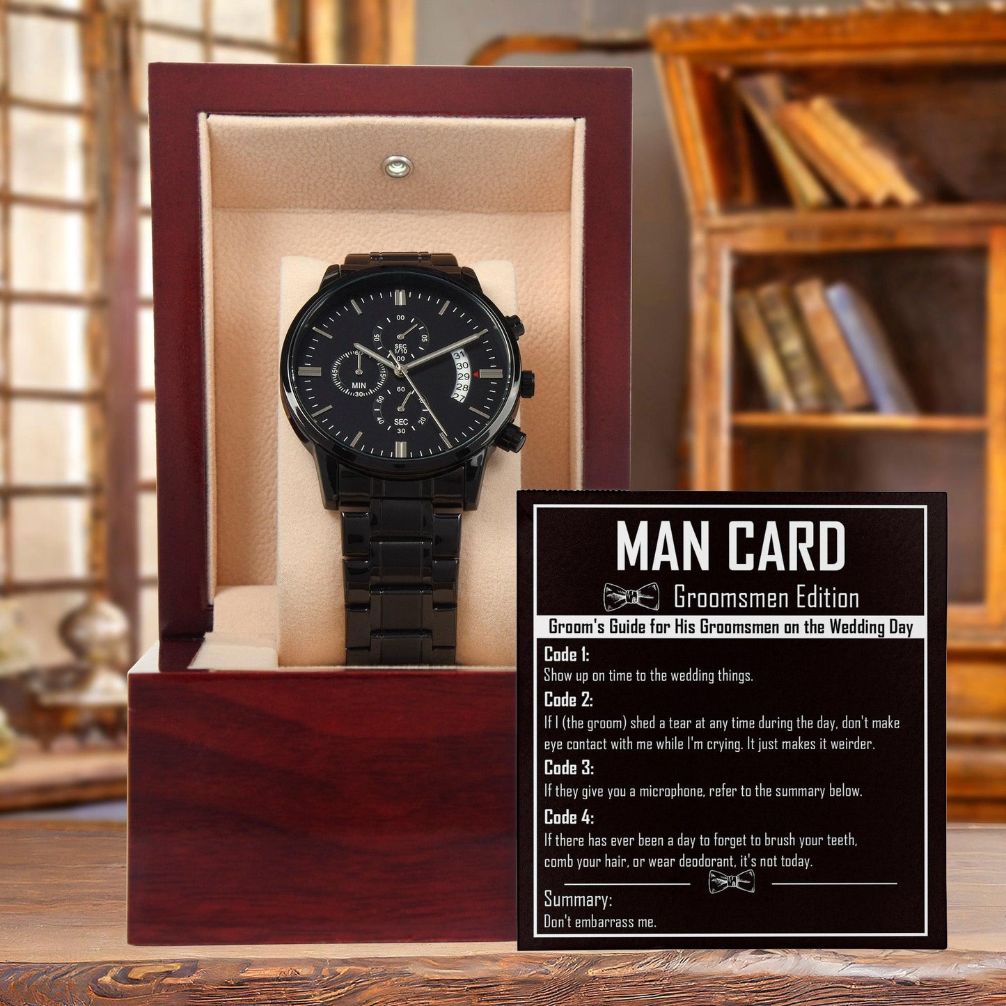 Groomsman Proposal Wedding Day Gift - Man Card - Black Chronograph Watch - Mallard Moon Gift Shop