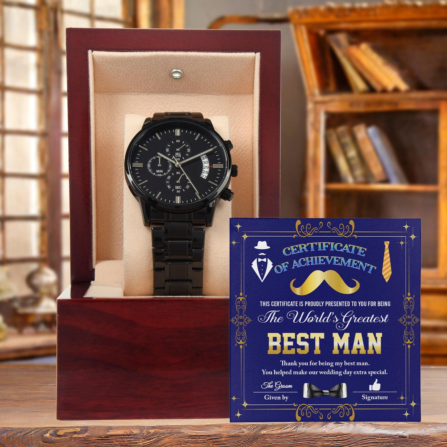 Best Man Wedding Day Gift World's Greatest Best Man - Black Chronograph Watch - Mallard Moon Gift Shop
