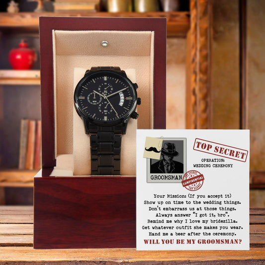 Groomsman Top Secret Mission - Black Chronograph Watch Gift Wedding Proposal Invite from Groom - Mallard Moon Gift Shop