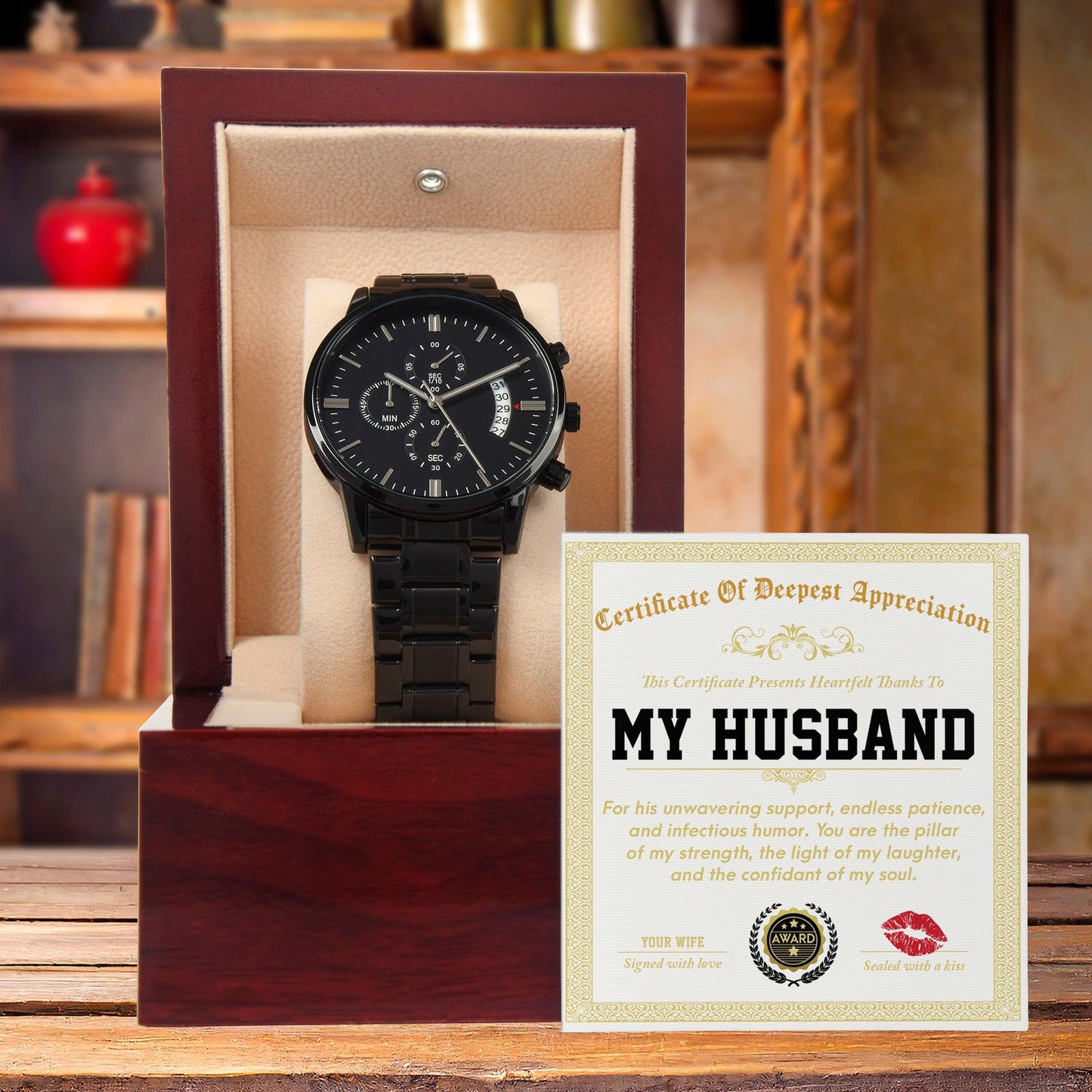 Husband Wedding Day Gift - Deepest Appreciation - Black Chronograph Watch - Mallard Moon Gift Shop