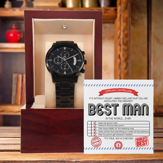 Best Man Wedding Day Gift - Official Certificate - Black Chronograph Watch - Mallard Moon Gift Shop