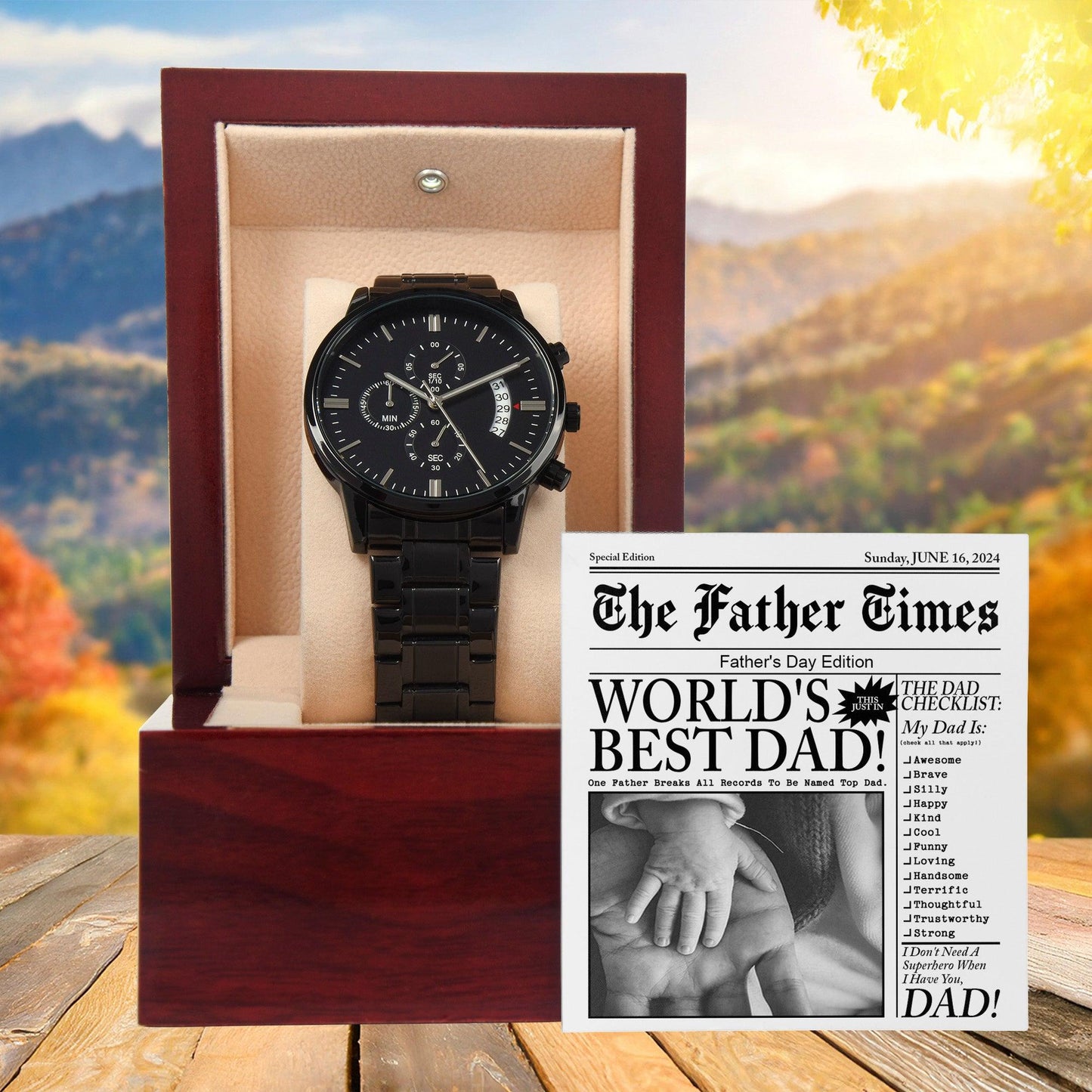 Dad Gift - Headline on The Father Times - World's Best Dad - Black Chronograph Watch - Mallard Moon Gift Shop