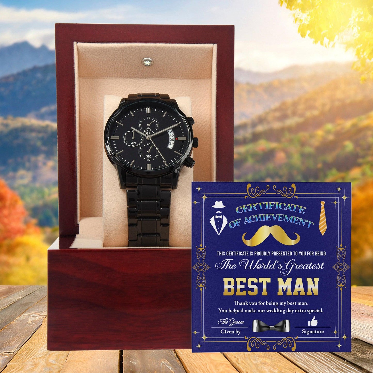 Best Man Wedding Day Gift World's Greatest Best Man - Black Chronograph Watch - Mallard Moon Gift Shop