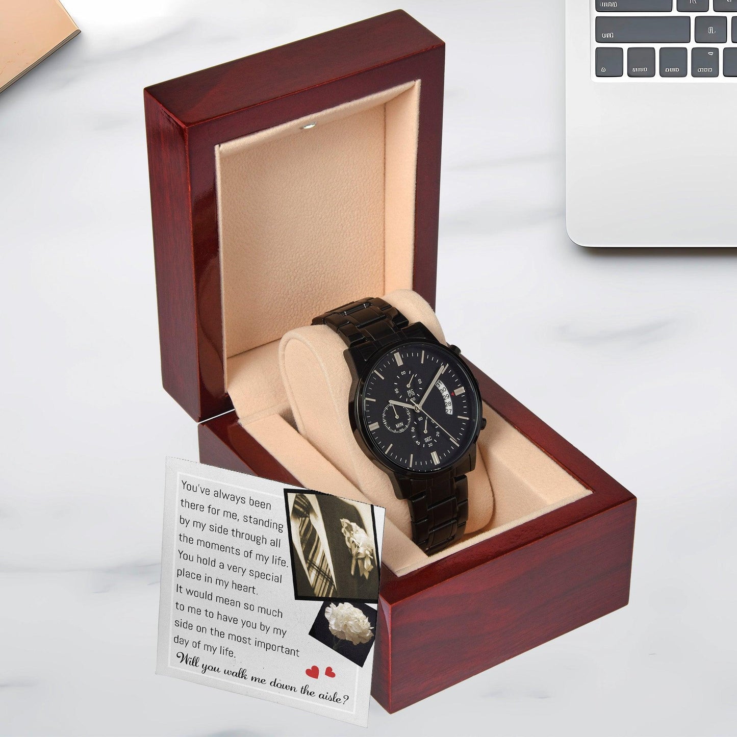Father of the Bride Gift Will You Walk Me Down the Wedding Aisle Black Chronograph Watch - Mallard Moon Gift Shop