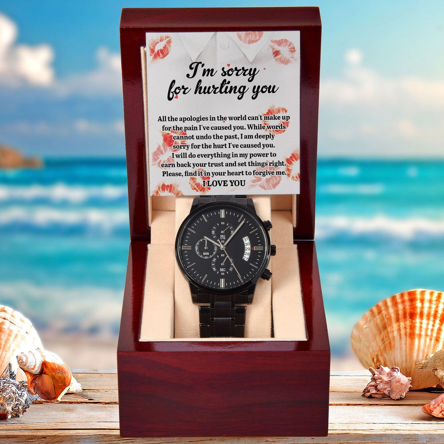 Gift for Boyfriend, Husband-Sorry, Set Things Right - Black Chronograph Watch - Mallard Moon Gift Shop