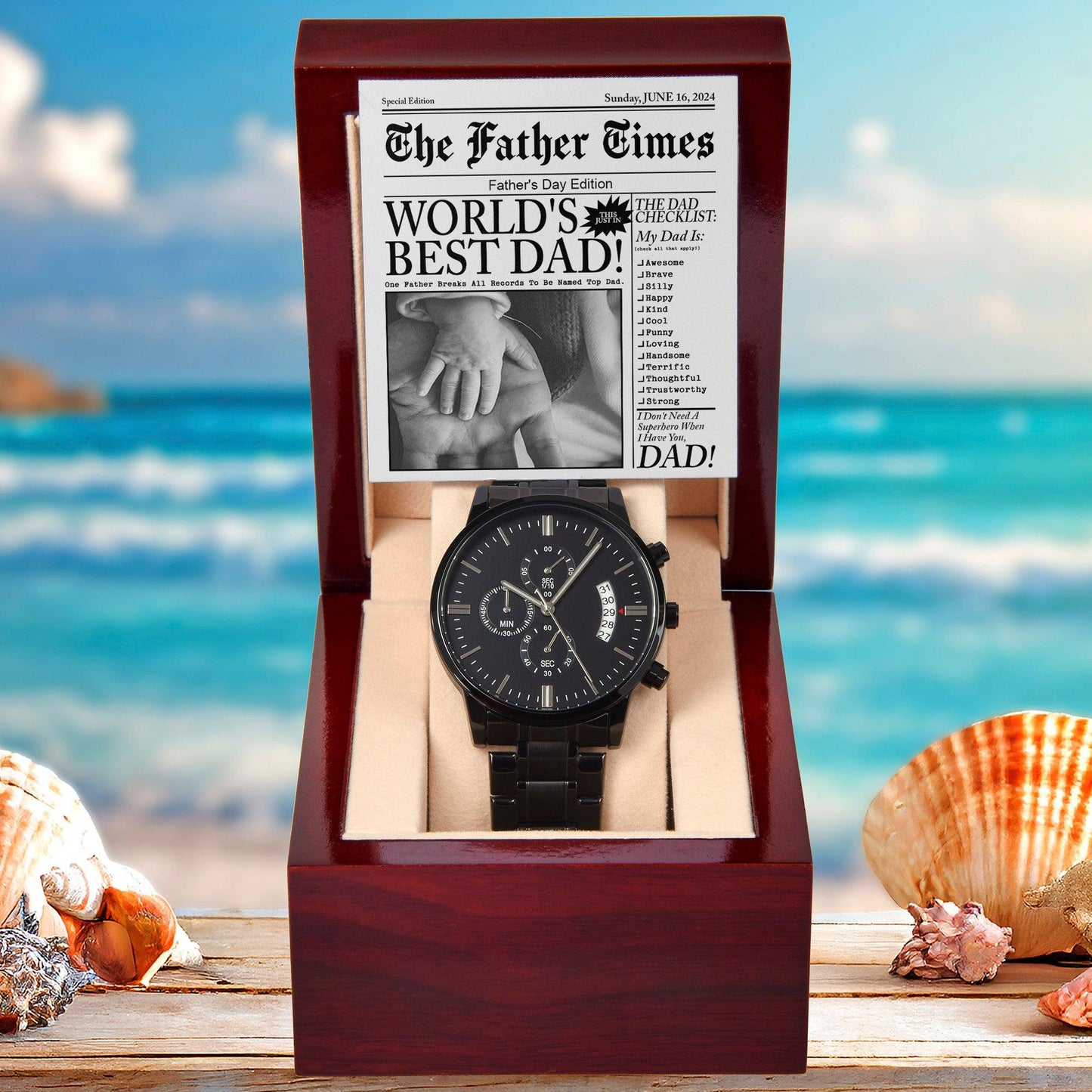 Dad Gift - Headline on The Father Times - World's Best Dad - Black Chronograph Watch - Mallard Moon Gift Shop